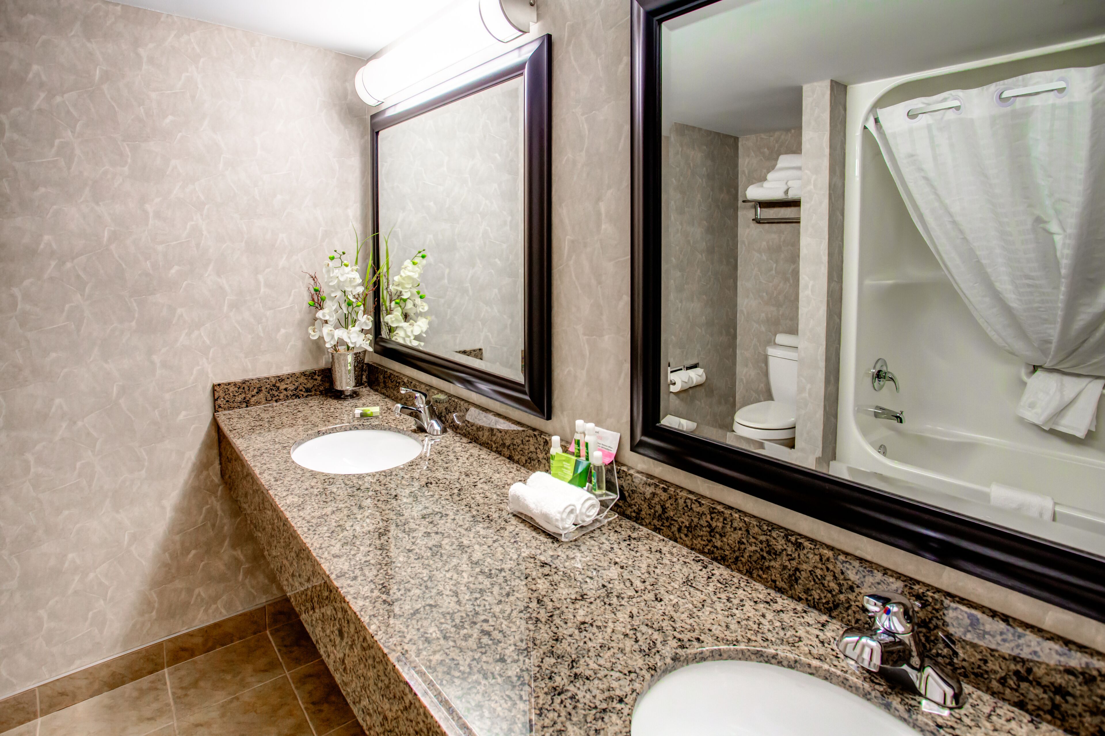 combined shower/bathtub, eco-friendly toiletries, hair dryer, towels