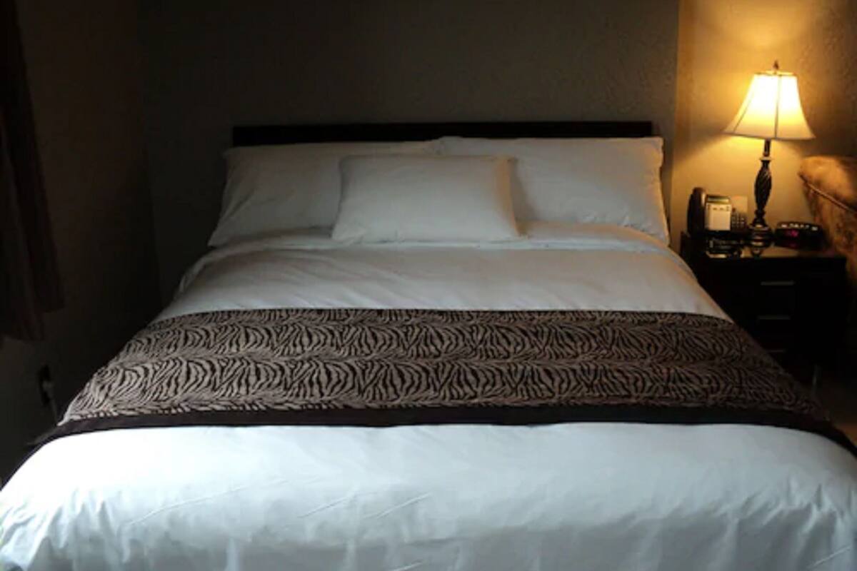 A neatly made bed with a zebra-patterned throw, a bedside lamp, and a nightstand with a telephone.