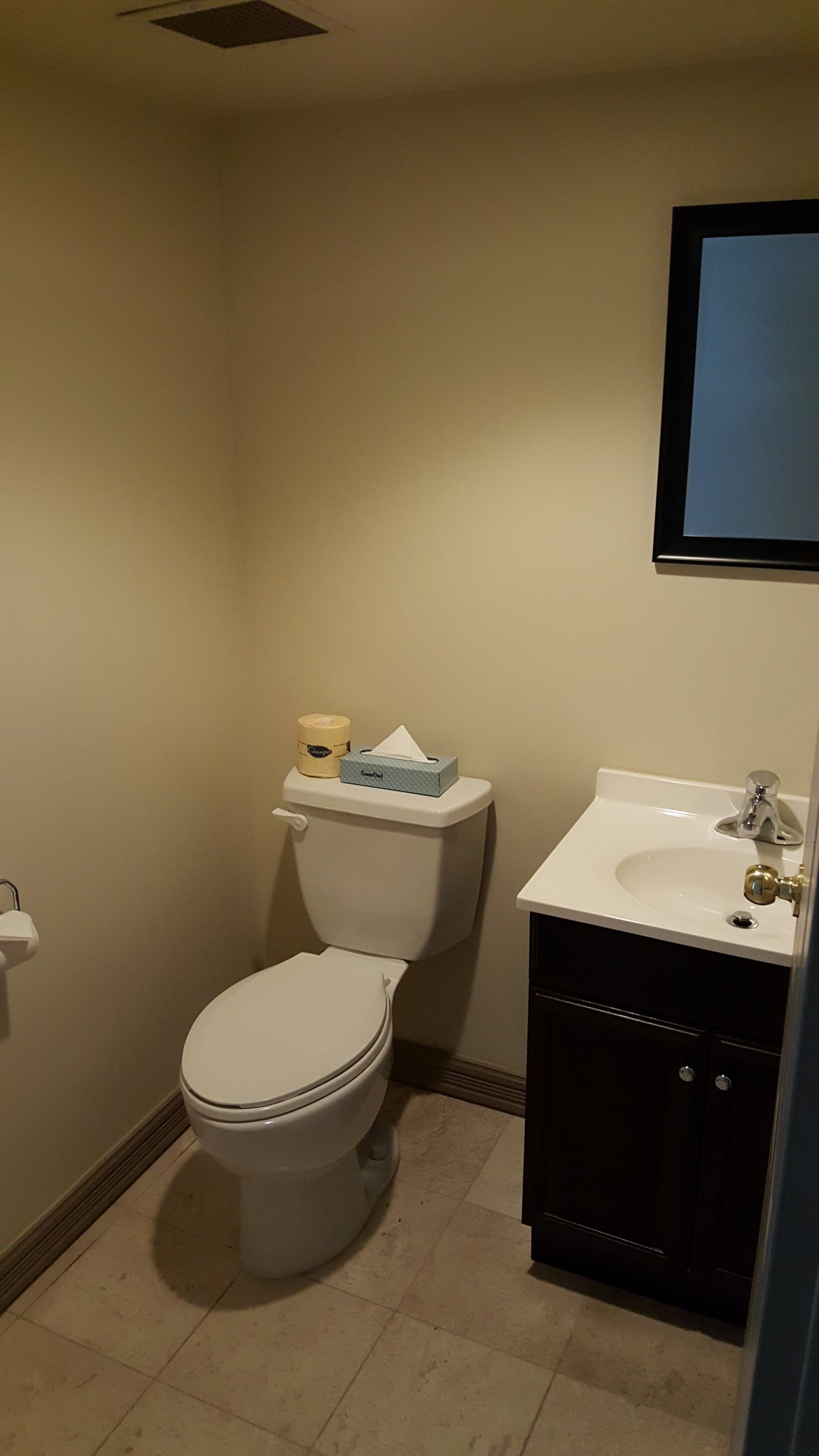 Un baño pequeño con inodoro, lavabo y espejo sobre él.