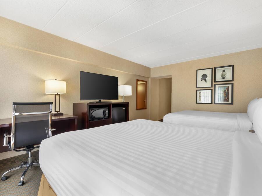 A hotel room with a large bed, a desk with a flat-screen TV, a microwave, and a chair. There are framed pictures on the wall.