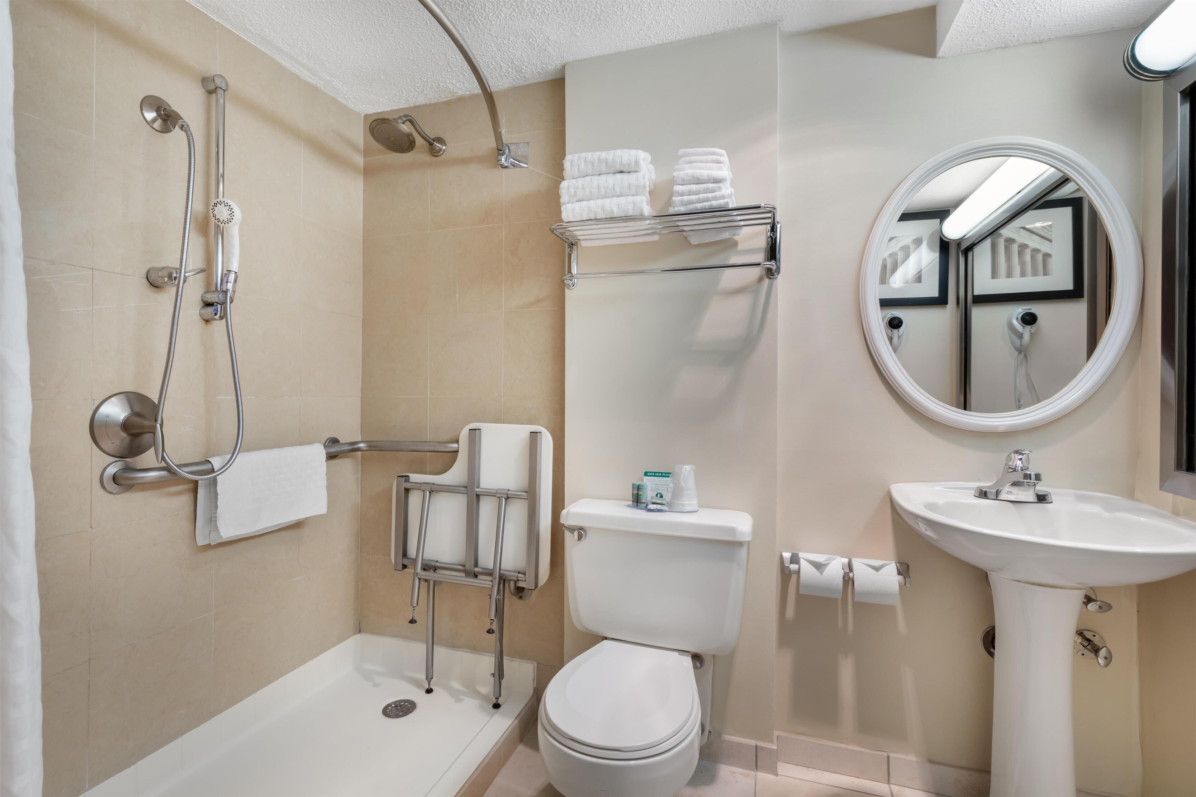 Standard Room, 2 Double Beds, Accessible, Non Smoking | Bathroom | Combined shower/tub, free toiletries, hair dryer, towels