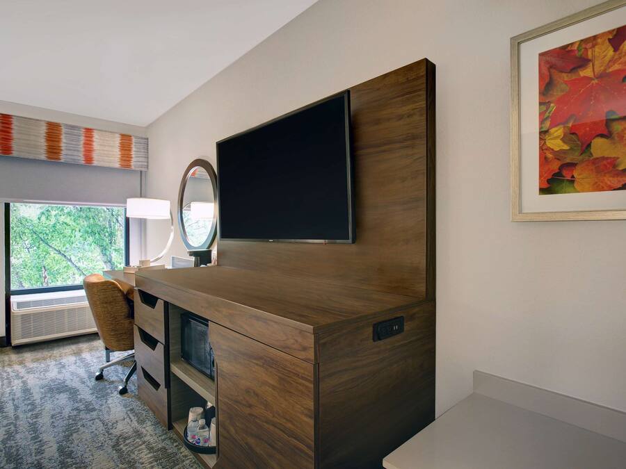 A modern bedroom with a wooden desk, a flat-screen TV, a large window with a view of trees, and a framed artwork on the wall.