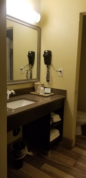 Combined shower/bathtub, free toiletries, hair dryer, towels