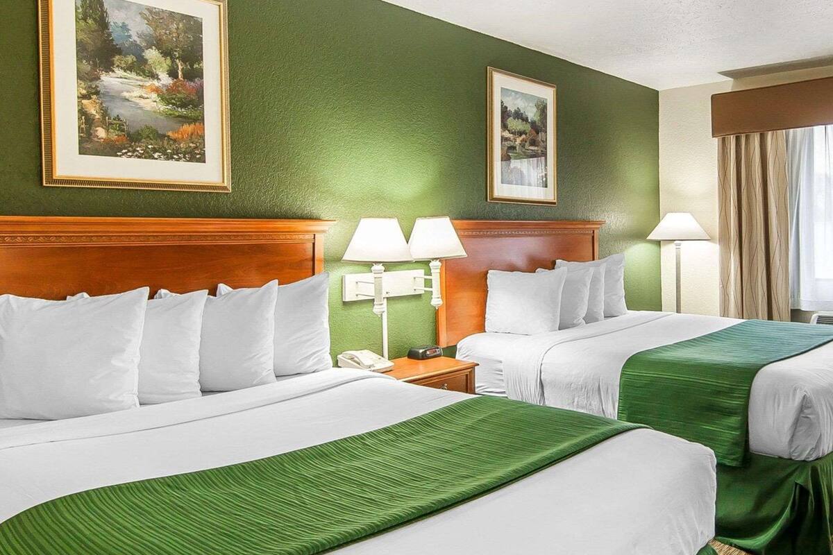 Habitación de hotel con dos camas, paredes verdes y dos cuadros con paisajes.