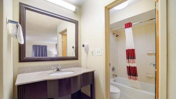A bathroom with a sink, mirror, and a shower area. - Red Roof Inn Augusta - Washington Road (Augusta)