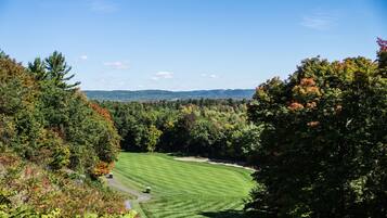 A golf course with a clear path, surrounded by dense trees and a distant view of hills.