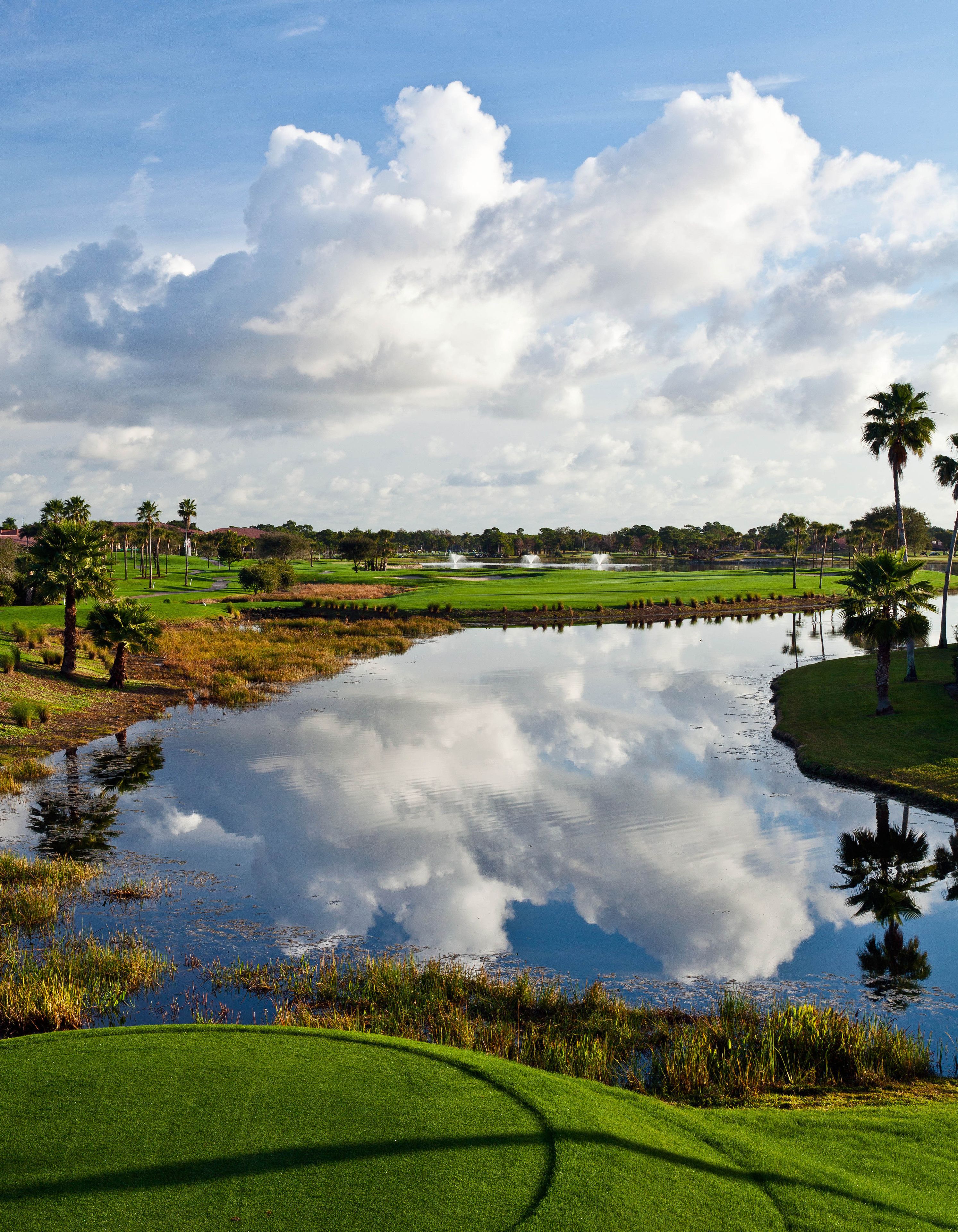 A golf course with a pond reflecting the sky and clouds, surrounded by palm trees and green grass.