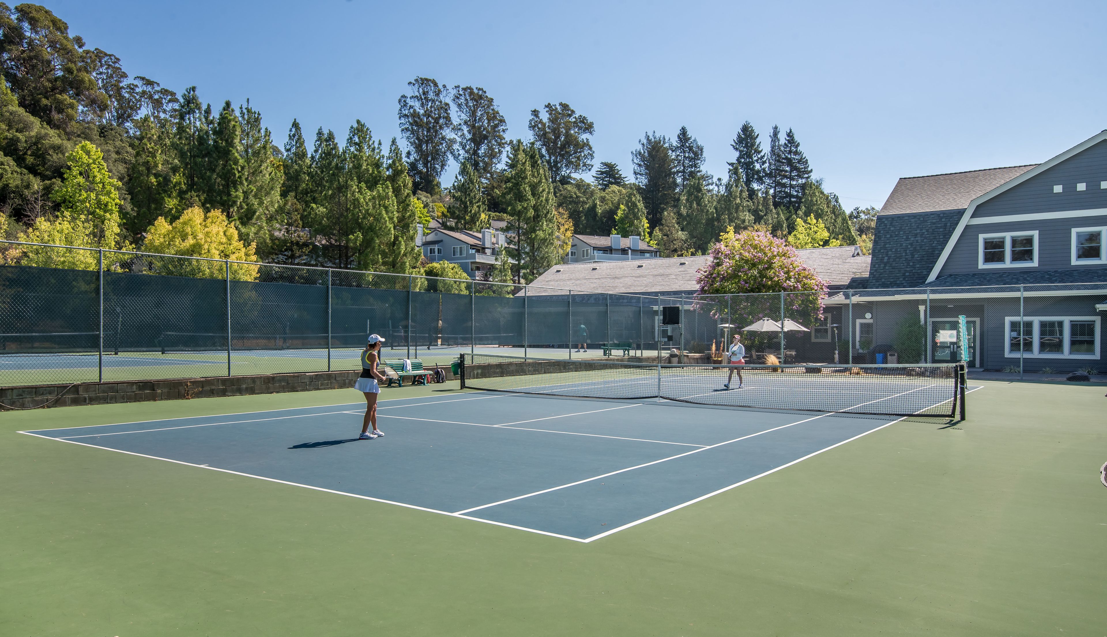 Una cancha de tenis al aire libre con red, rodeada por una cerca y árboles.