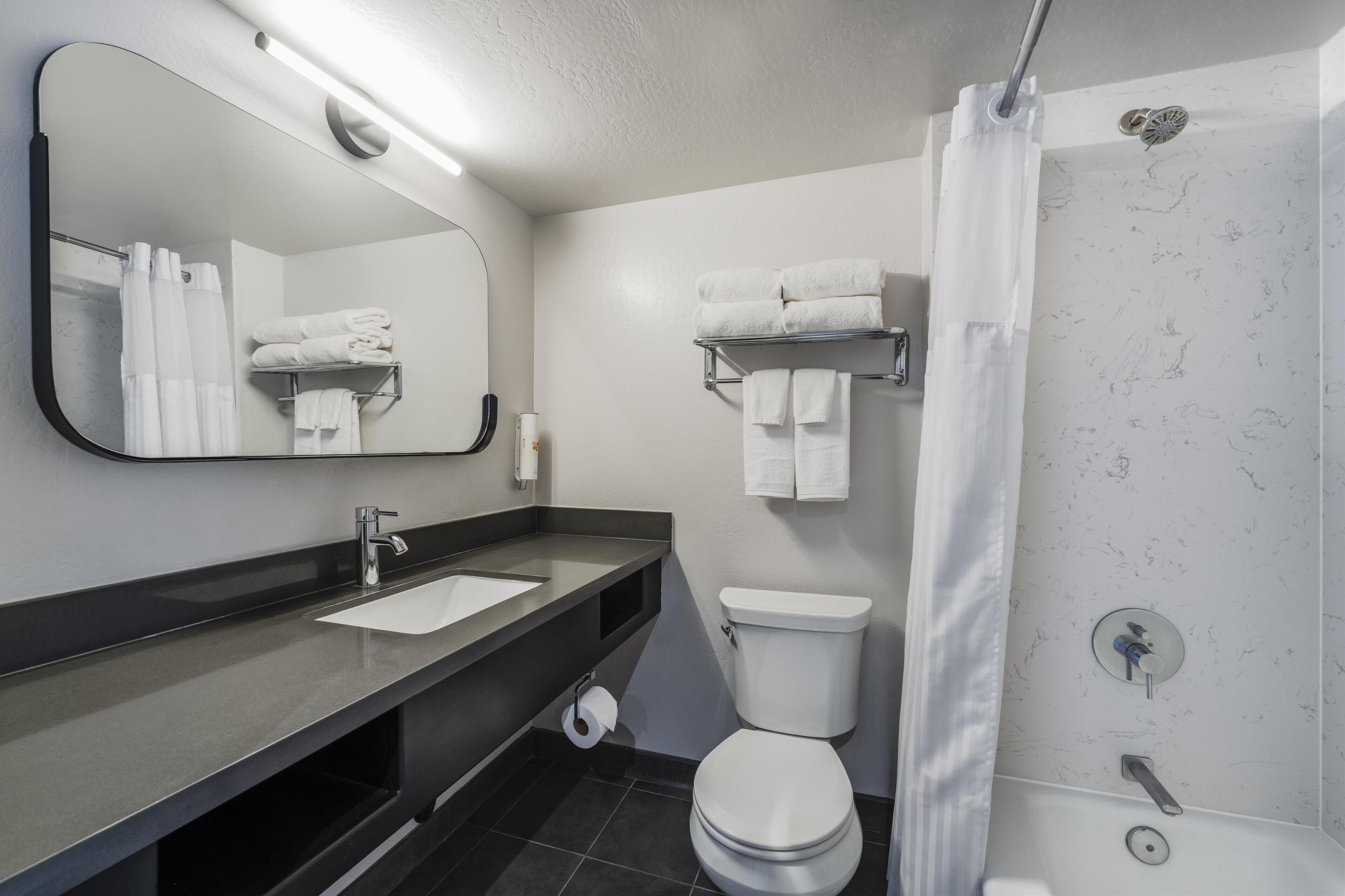 A modern bathroom with a large mirror, a sink, a toilet, and a shower.