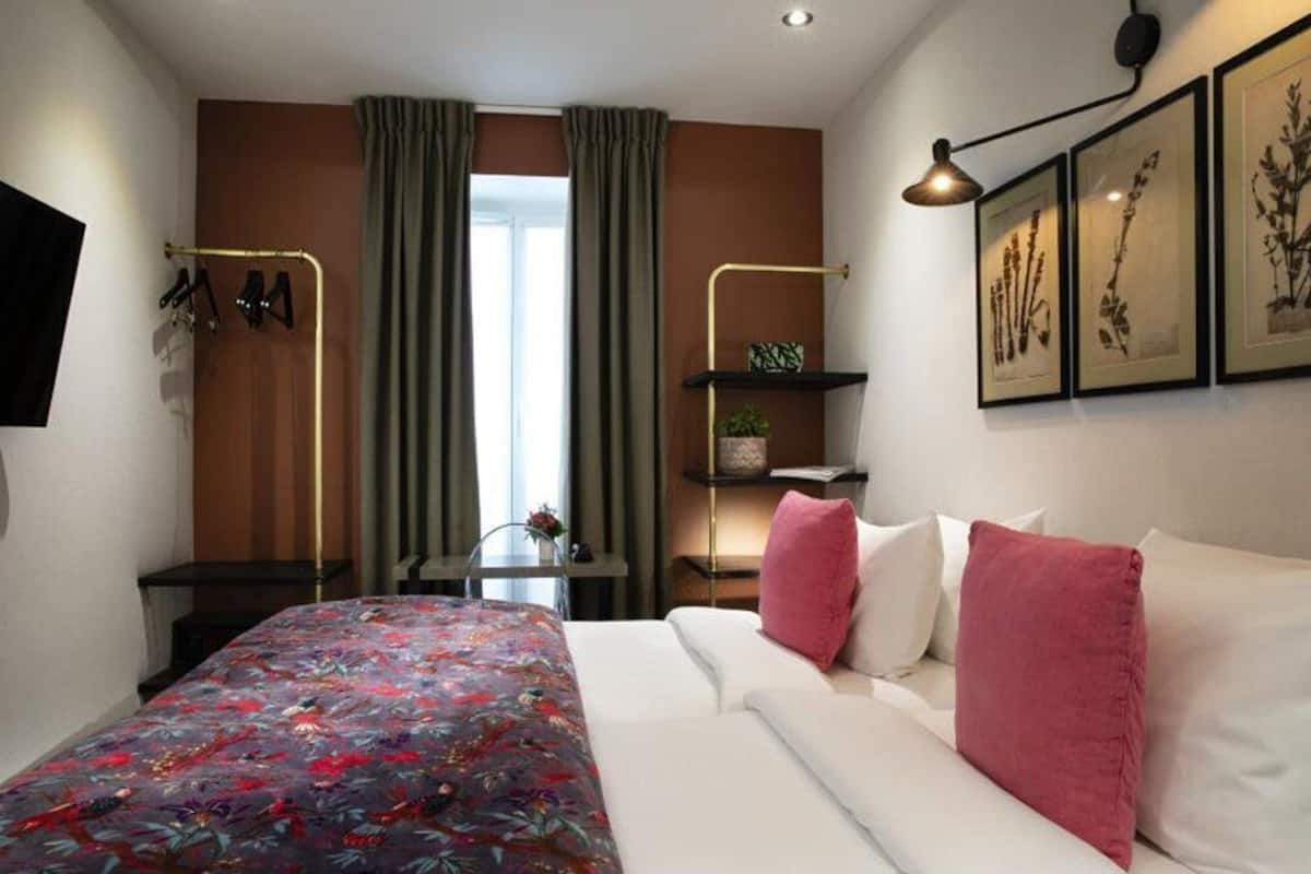 A hotel room with a bed, a desk, a chair, a shelf with plants, and a window with curtains.