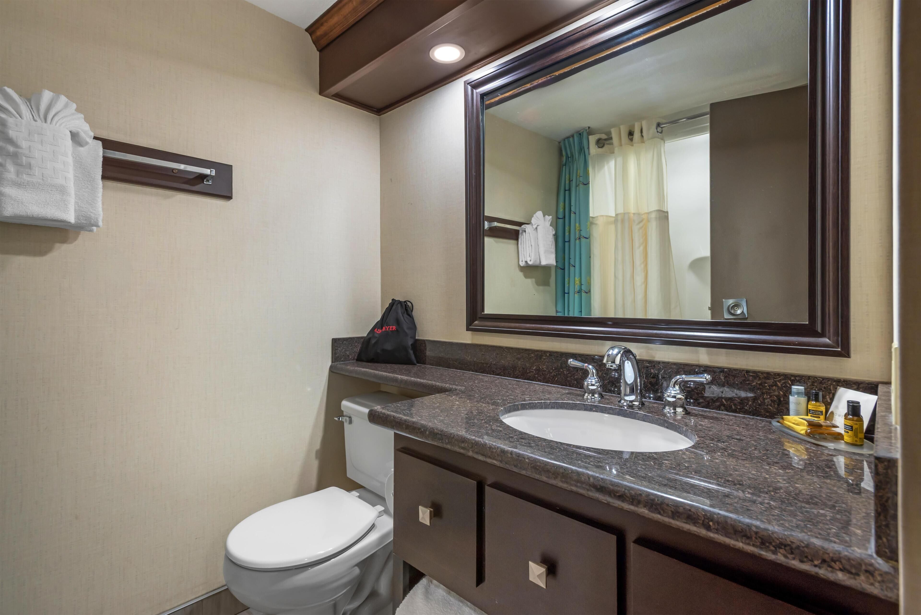 Une salle de bain avec des toilettes blanches, un lavabo surmonté d’un miroir et un porte-serviettes avec une serviette pliée.