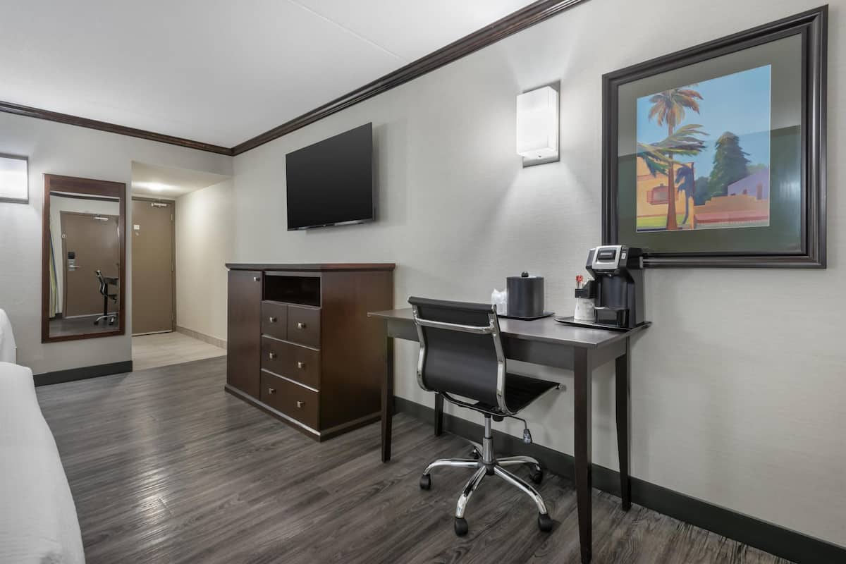 Habitación de hotel con cama, escritorio con silla, televisor, un cuadro, armario y una puerta.
