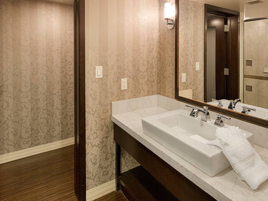 Un bagno d'hotel con un ampio specchio, due lavandini e zona doccia.