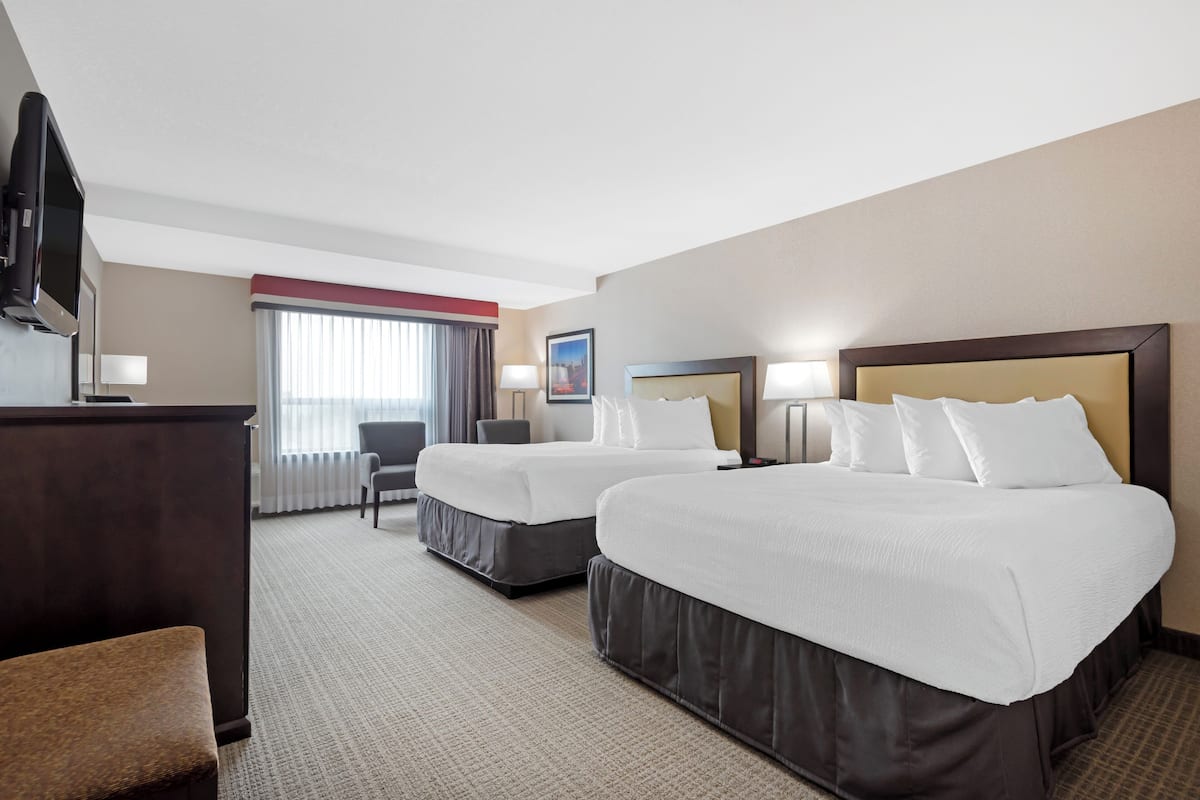 Laptop workspace, blackout curtains, iron/ironing board