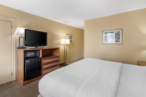 A hotel room with a bed, a television, a microwave, a lamp, and a framed picture on the wall.