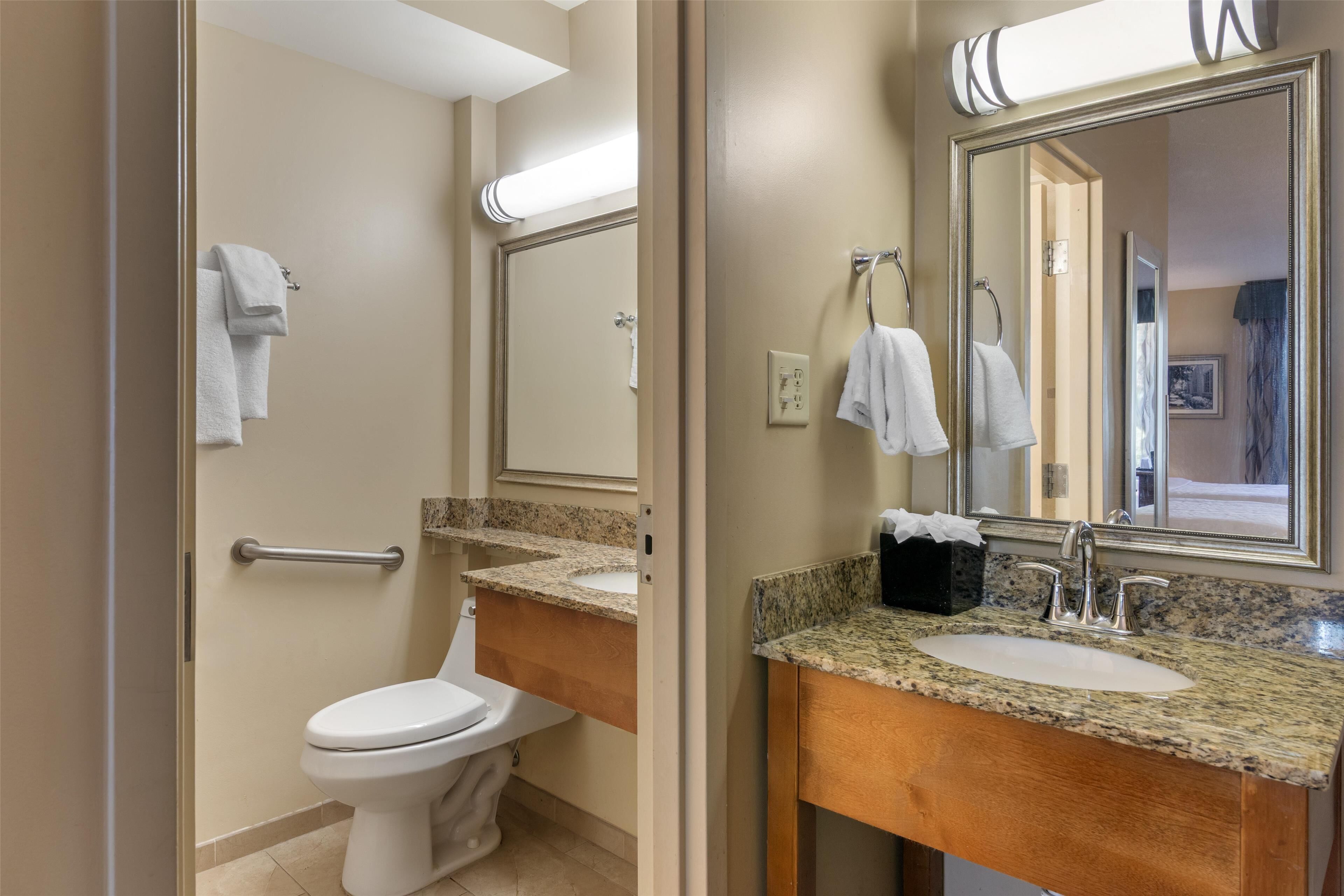 standard room, 2 queen beds, non smoking, refrigerator & microwave | bathroom | combined shower/bathtub, free toiletries, hair dryer, towels