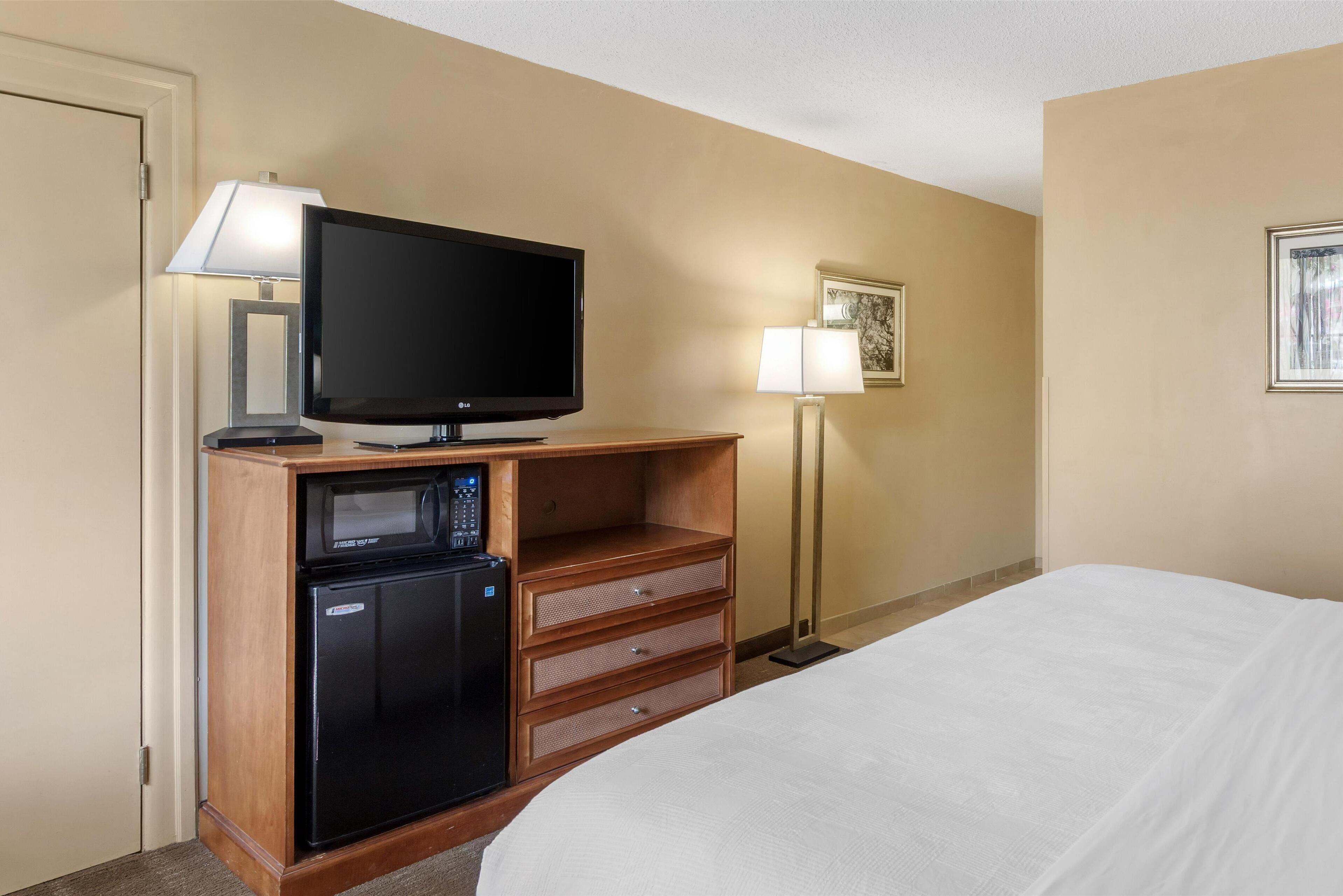 A hotel room with a bed, a television, a minibar, a desk with drawers, a lamp, and a picture on the wall.