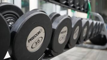 A rack of weight plates labeled "PRECOR 30" in a gym setting.
