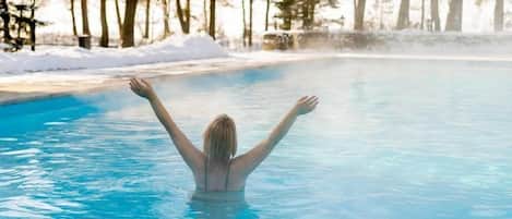 Outdoor pool, pool umbrellas, pool loungers