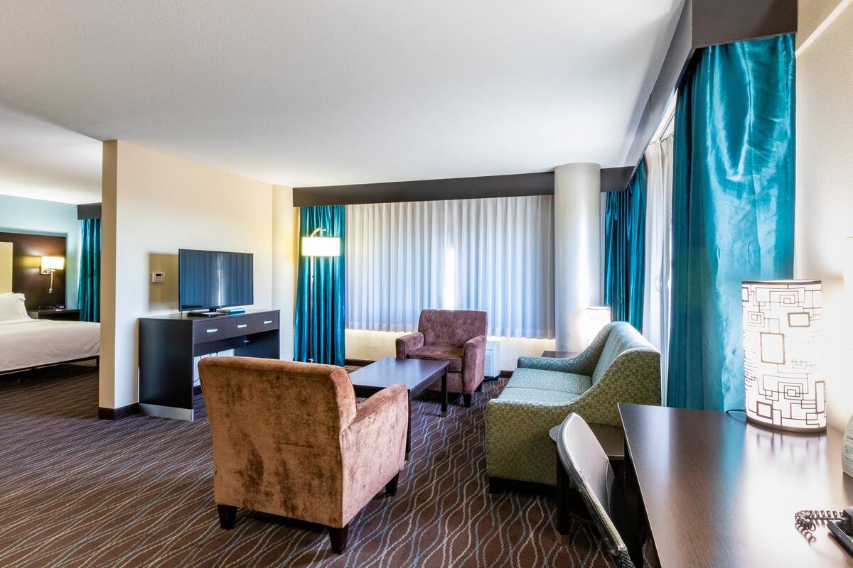 Habitación de hotel con cama, escritorio, silla, sofá, televisor y teléfono.