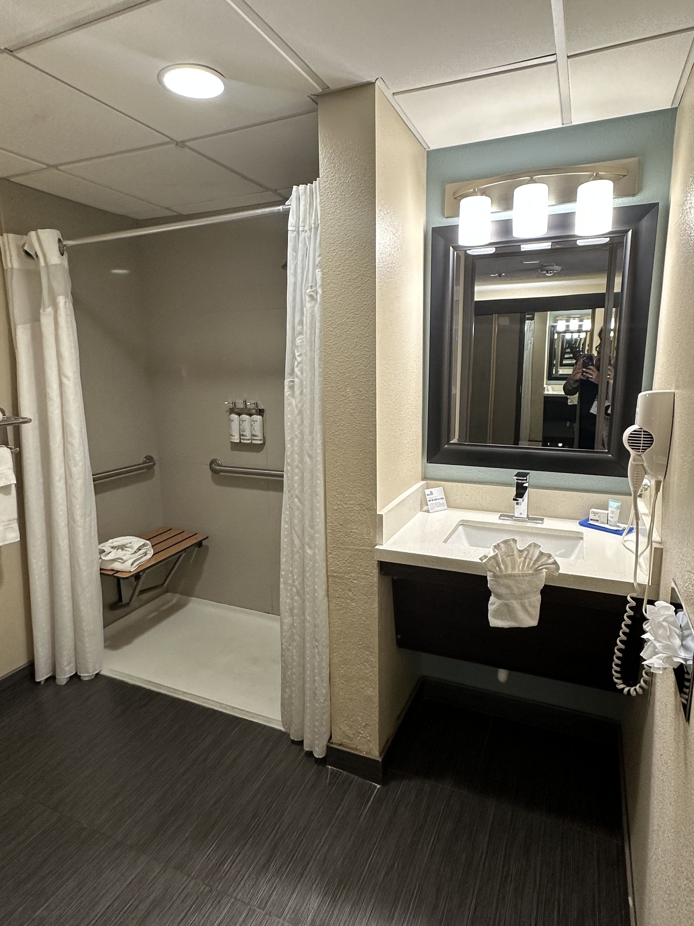 Un baño de hotel con ducha, tocador con espejo y un perchero para toallas.