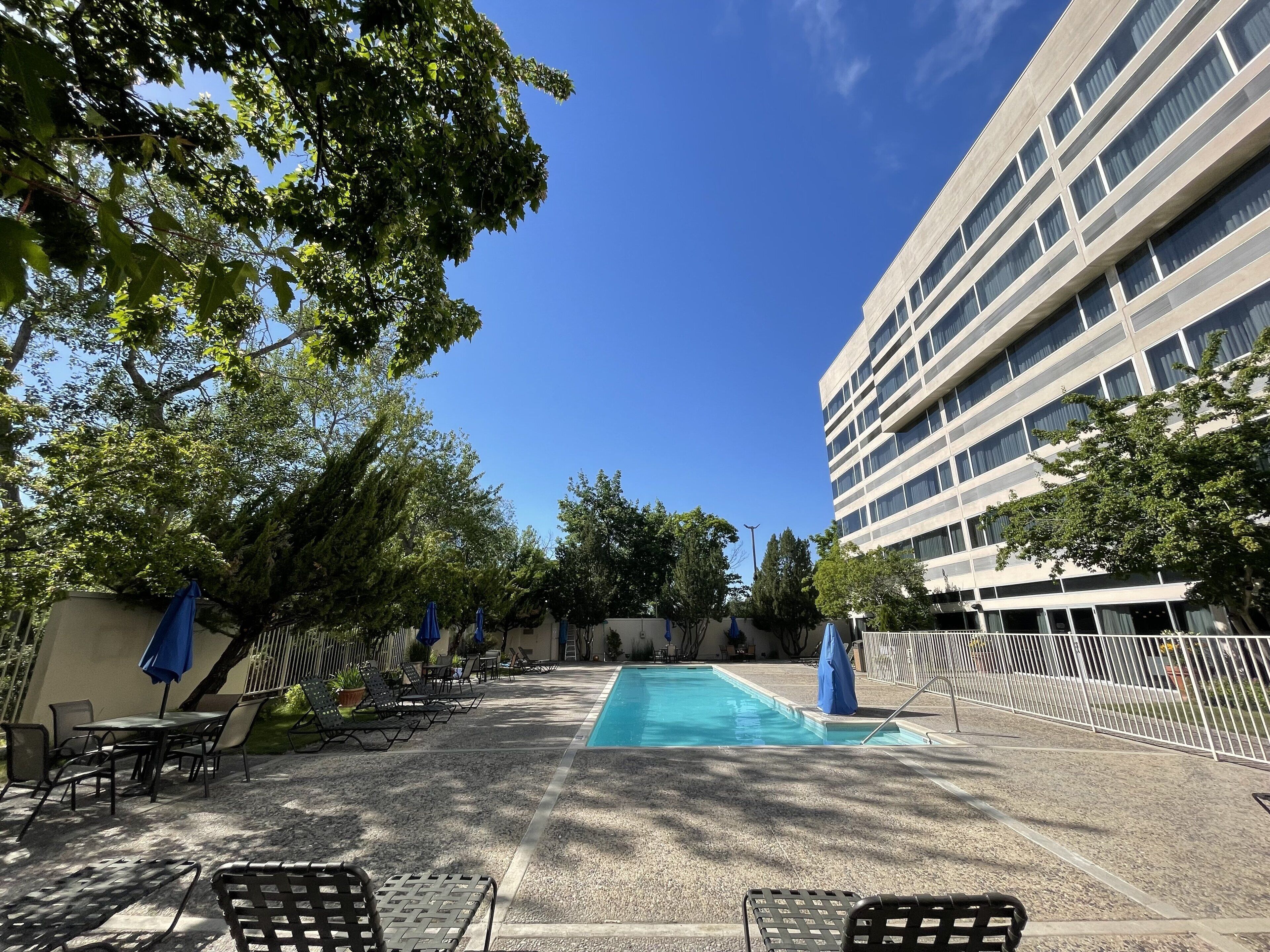 outdoor pool, pool umbrellas, pool loungers