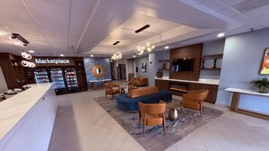 Un hall d’entrée moderne comprenant un espace commerçant, des canapés en cuir, une cheminée et un téléviseur.