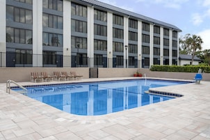 Un hotel moderno con piscina rectangular, sillas de descanso y una zona ajardinada con plantas en macetas.