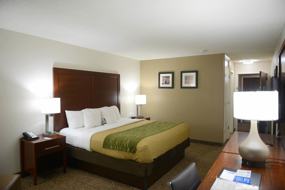 A hotel room with a bed, bedside tables, a desk, a chair, and a television.