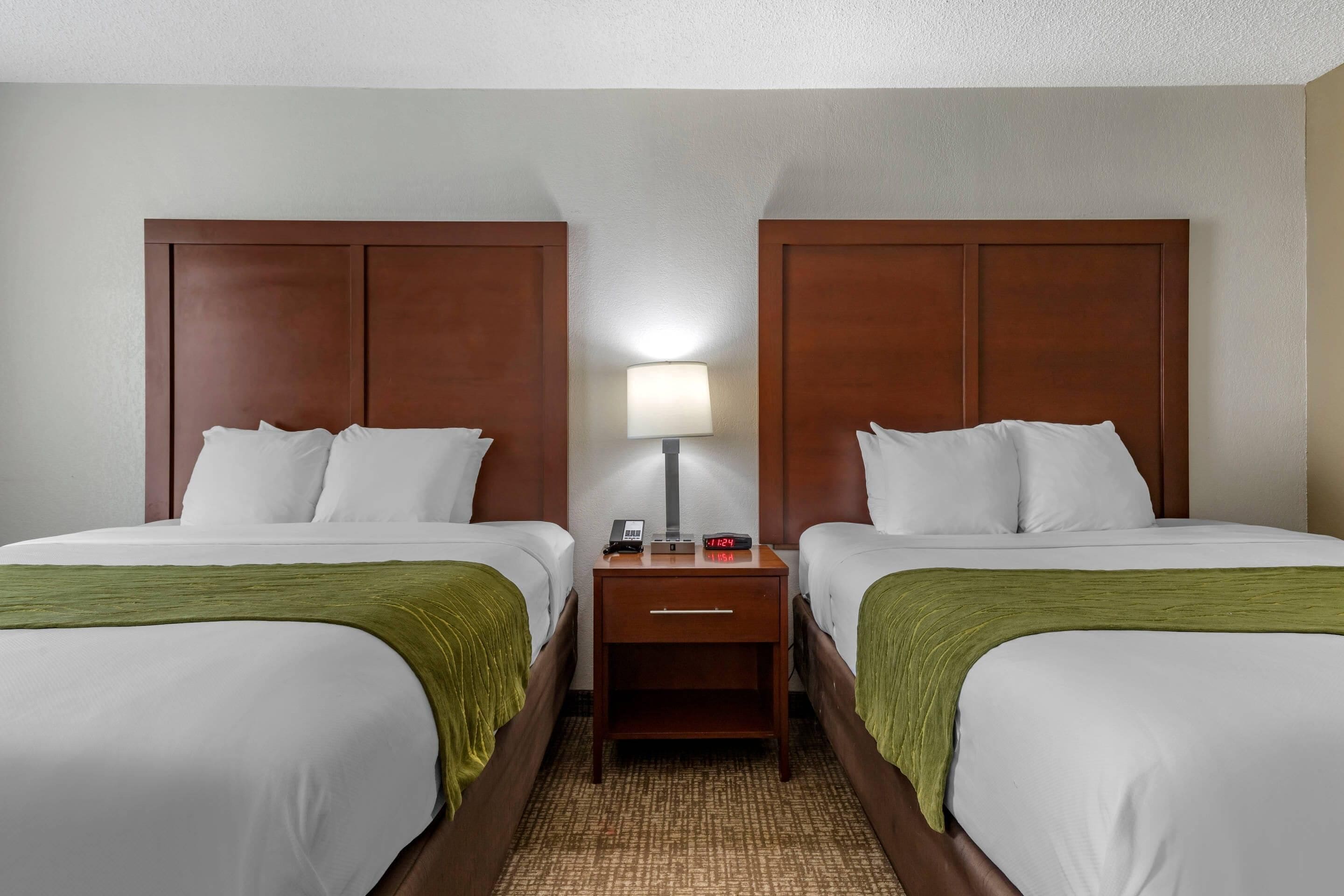 A hotel room with two single beds, a nightstand with a lamp, and a green throw blanket.