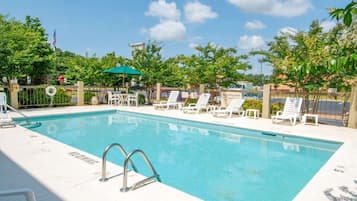 Seasonal outdoor pool, pool umbrellas, sun loungers