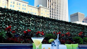 A rooftop bar with a view of a tall building, a decorative hedge, and a pool. - Hyatt Regency Rochester (Rochester)