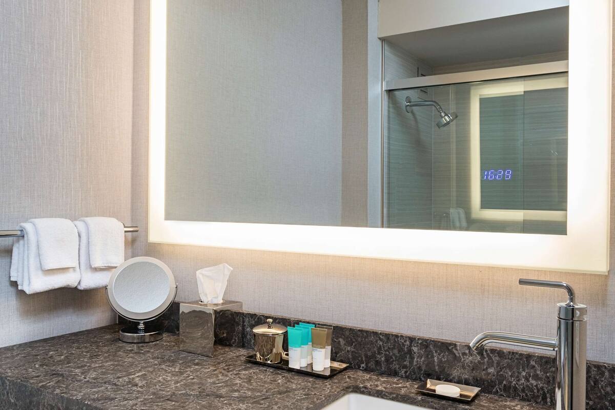 shower, designer toiletries, hair dryer, slippers