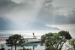 Un barco llamado "La Suisse" en un lago con montañas al fondo.