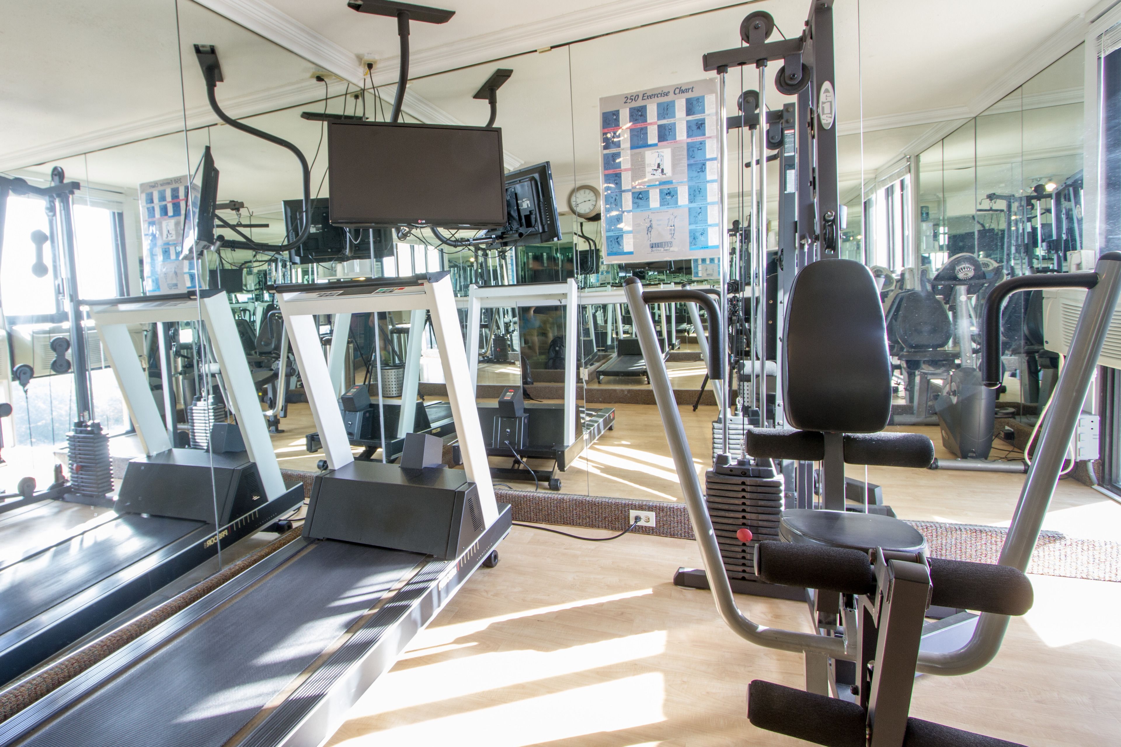 Un gimnasio con cintas de correr, máquinas de ejercicio y una amplia pared de espejos.