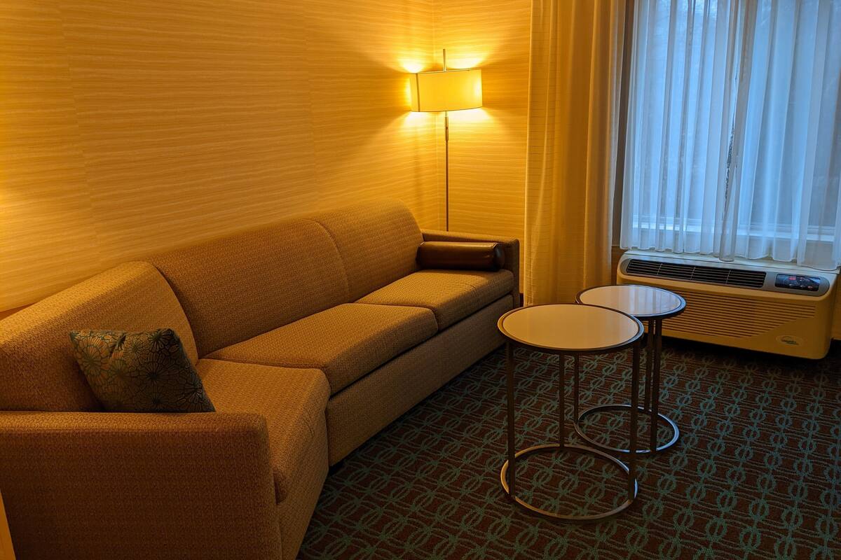 executive suite, 1 king bed with sofa bed | living area | 25-inch smart tv with digital channels, tv, netflix