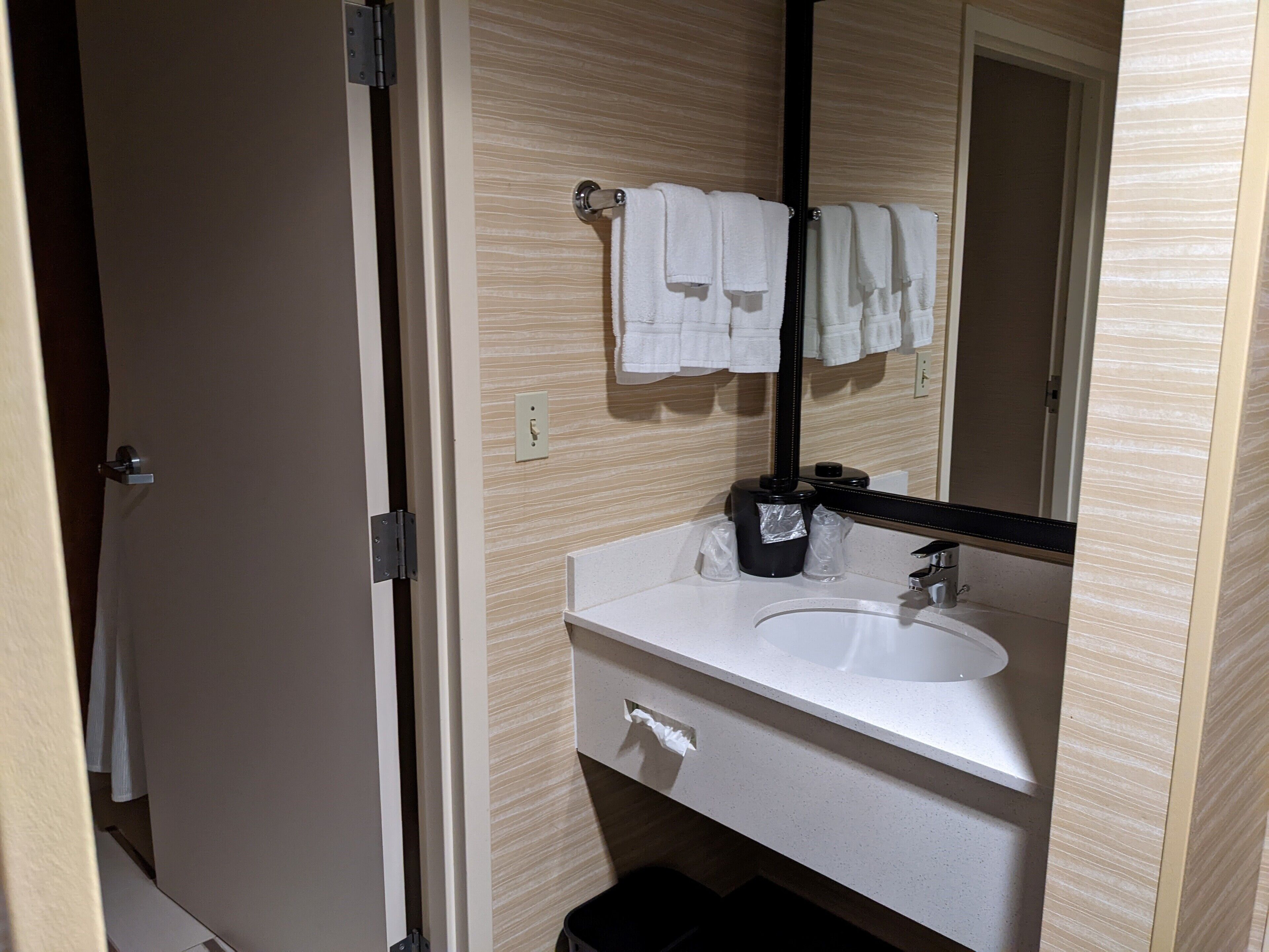 combined shower/bathtub, hair dryer, towels, soap