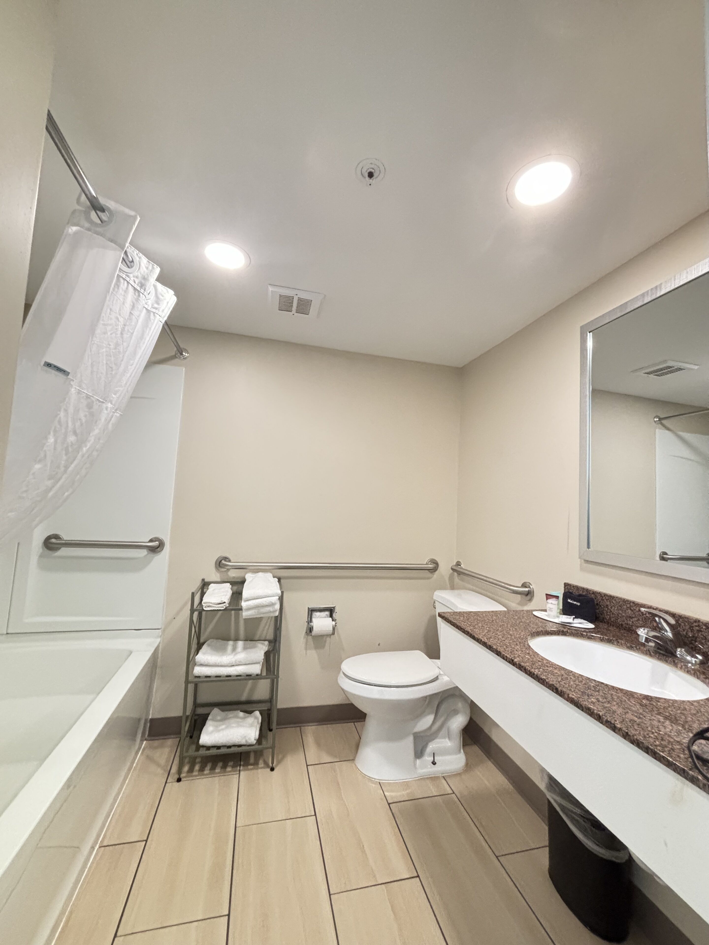 1 king bed mobility accessible room bathtub/shower w/ grab bars, non smoking | bathroom | hair dryer, towels