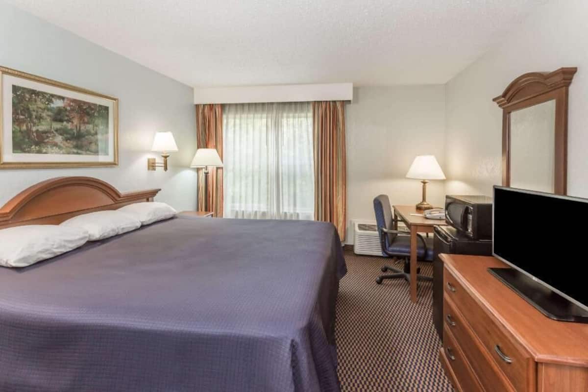 Une chambre d’hôtel comprenant un lit, un bureau avec une chaise, une télévision, un miroir et une fenêtre avec des rideaux.