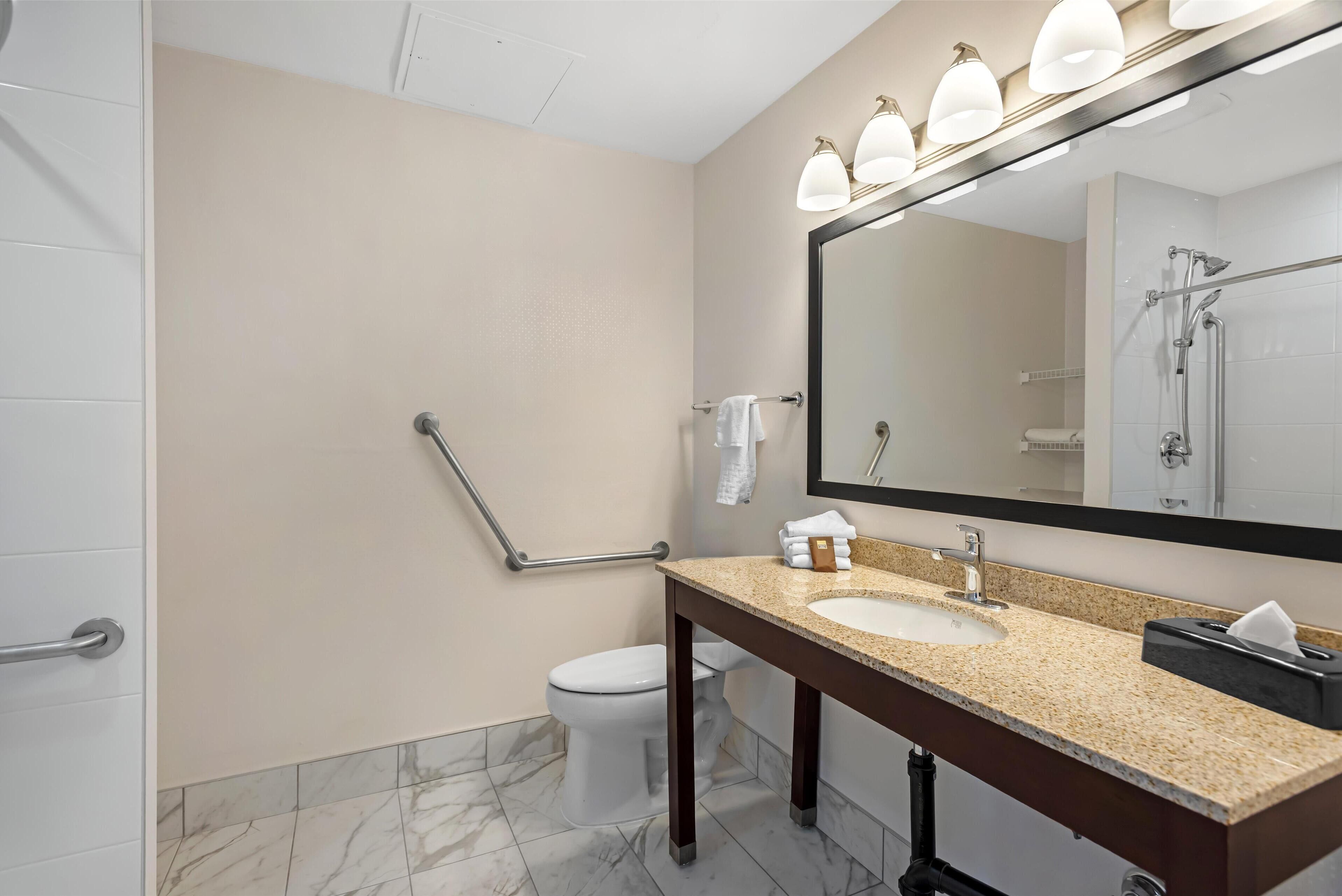 standard room, 1 queen bed, accessible, refrigerator & microwave | bathroom | combined shower/bathtub, designer toiletries, hair dryer, towels