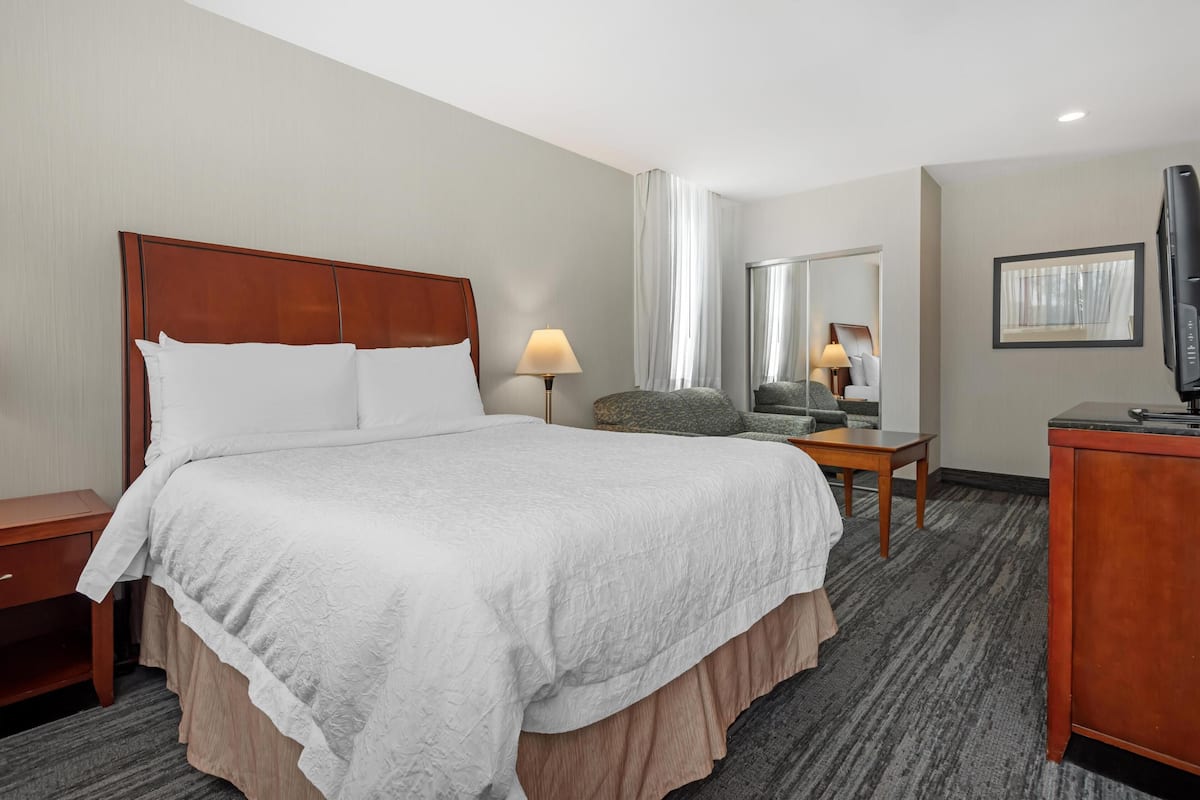 Una habitación de hotel con una cama grande, un escritorio, una silla, un televisor y un espejo.