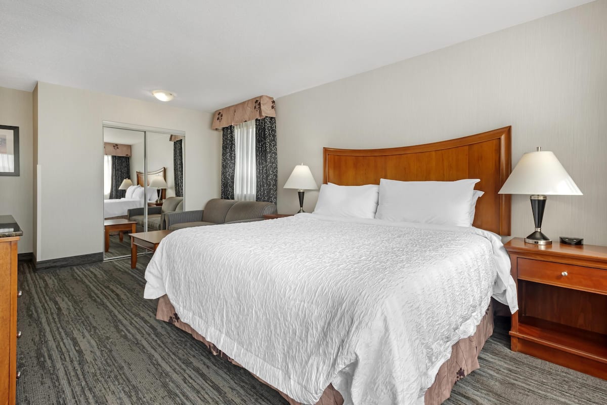 Habitación de hotel con una cama grande, dos mesitas de noche con lámparas, un espejo, una silla y piso alfombrado.