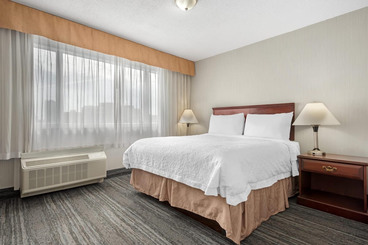 Una habitación de hotel con una cama grande, dos lámparas de noche, una mesita de noche de madera, un ventanal con cortinas traslúcidas y un aire acondicionado instalado en la pared.