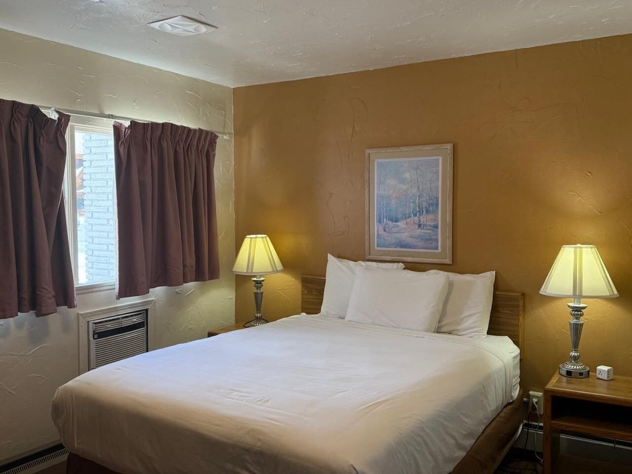 Habitación de hotel con una cama grande, dos lámparas de noche, un cuadro en la pared y una ventana con cortinas.