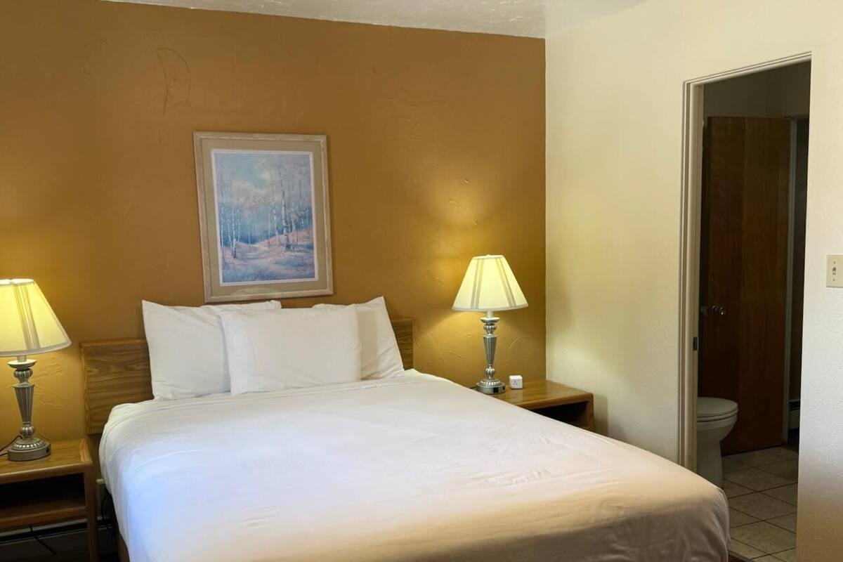 Una habitación de hotel con una cama grande, dos lámparas de noche, un cuadro en la pared y una puerta que da al baño.