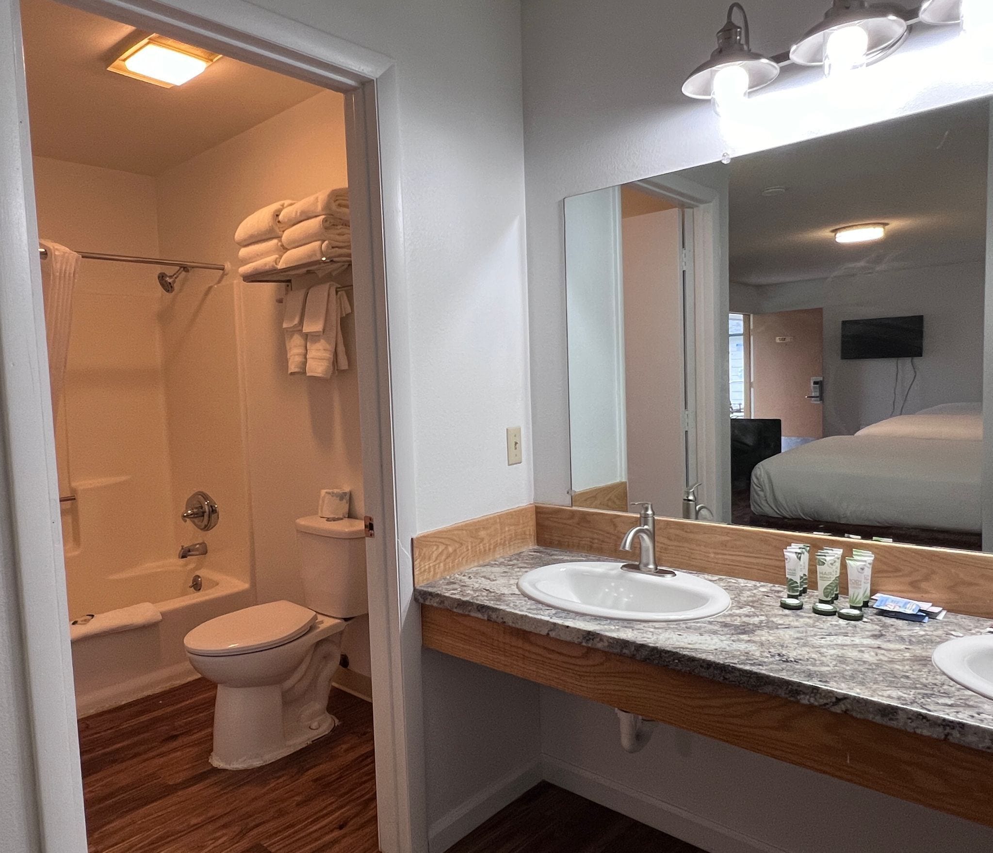 A bathroom with a shower, toilet, and two sinks with a large mirror above.