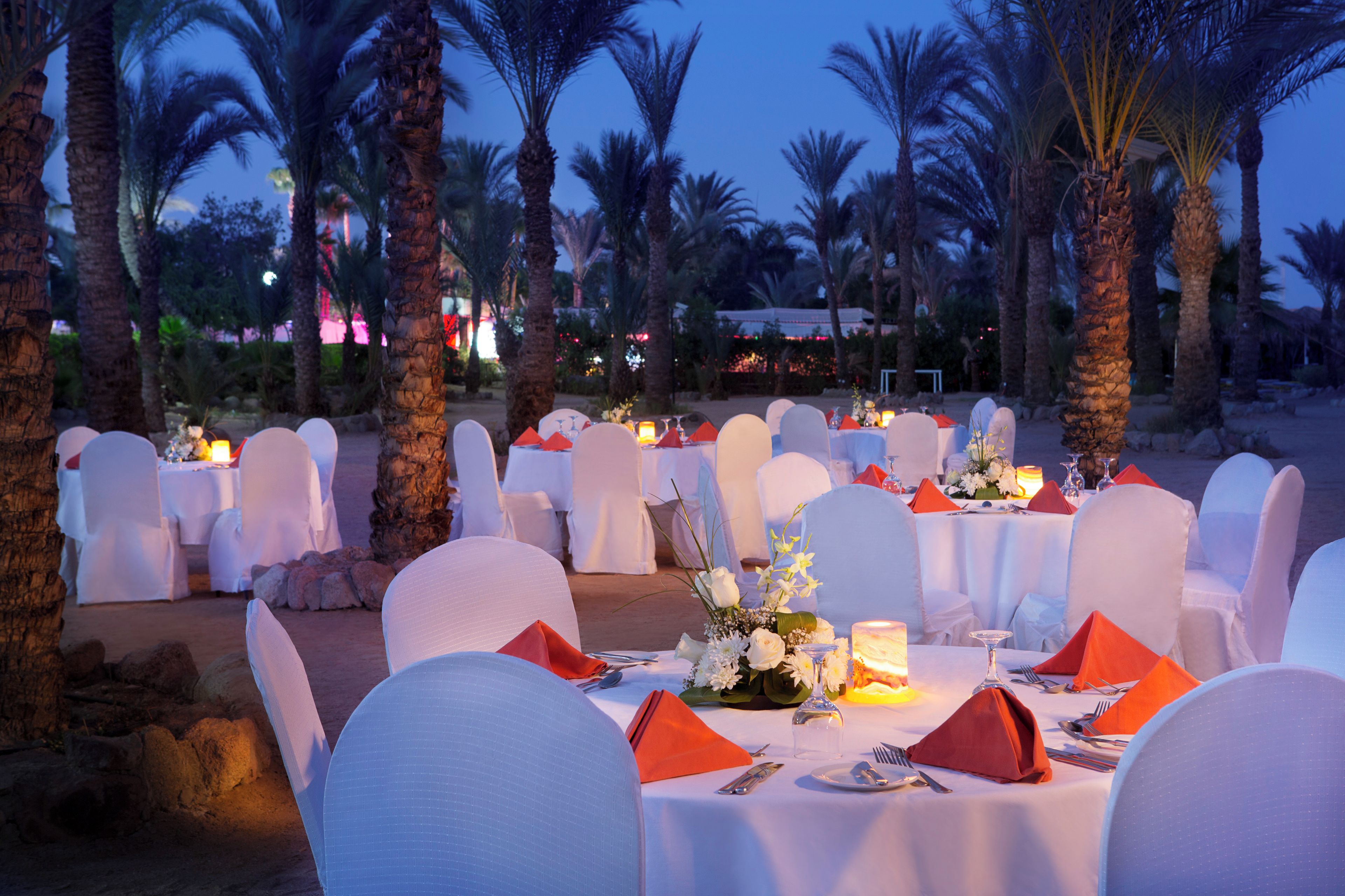 An outdoor dining area with round tables, white chairs, and orange napkins.