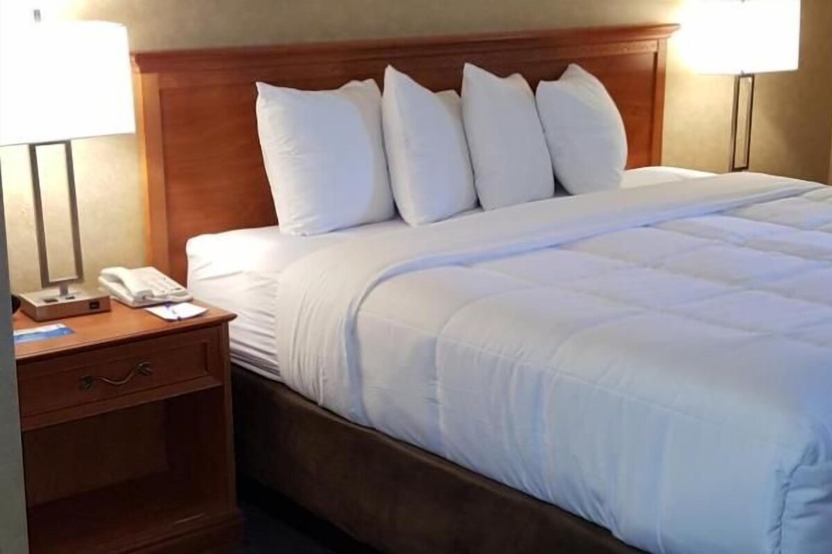Habitación de hotel con una cama grande, cabecero de madera, ropa de cama blanca, una mesita de noche con teléfono y dos lámparas de pared.