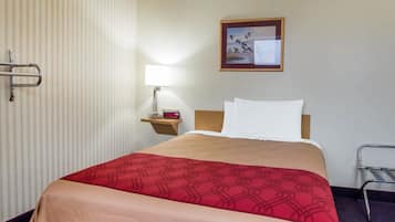 A hotel room with a bed, a nightstand, a lamp, a framed picture on the wall, and a window.