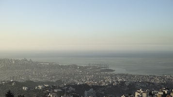 Vista panorámica de una ciudad costera con edificios urbanos densos y una vista despejada del mar.